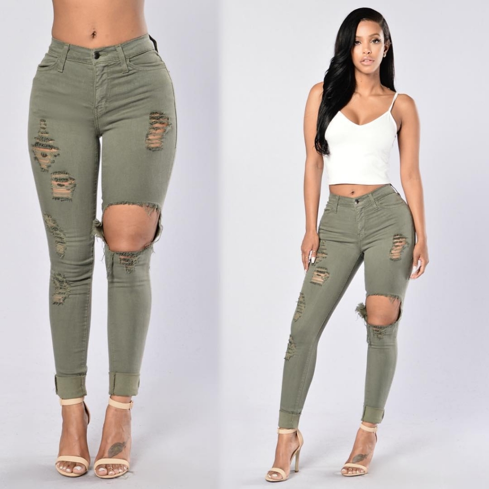 Olive Green High Waisted Distressed Skinny Jeans